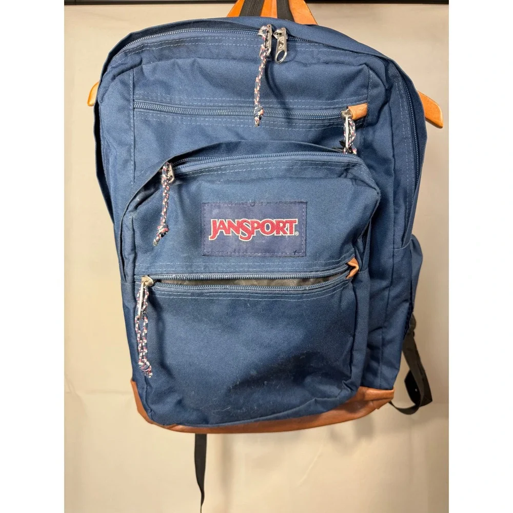 JanSport Backpack Unisex OS Navy Blue Excellent Faux Leather Bottom Multi-Pocket